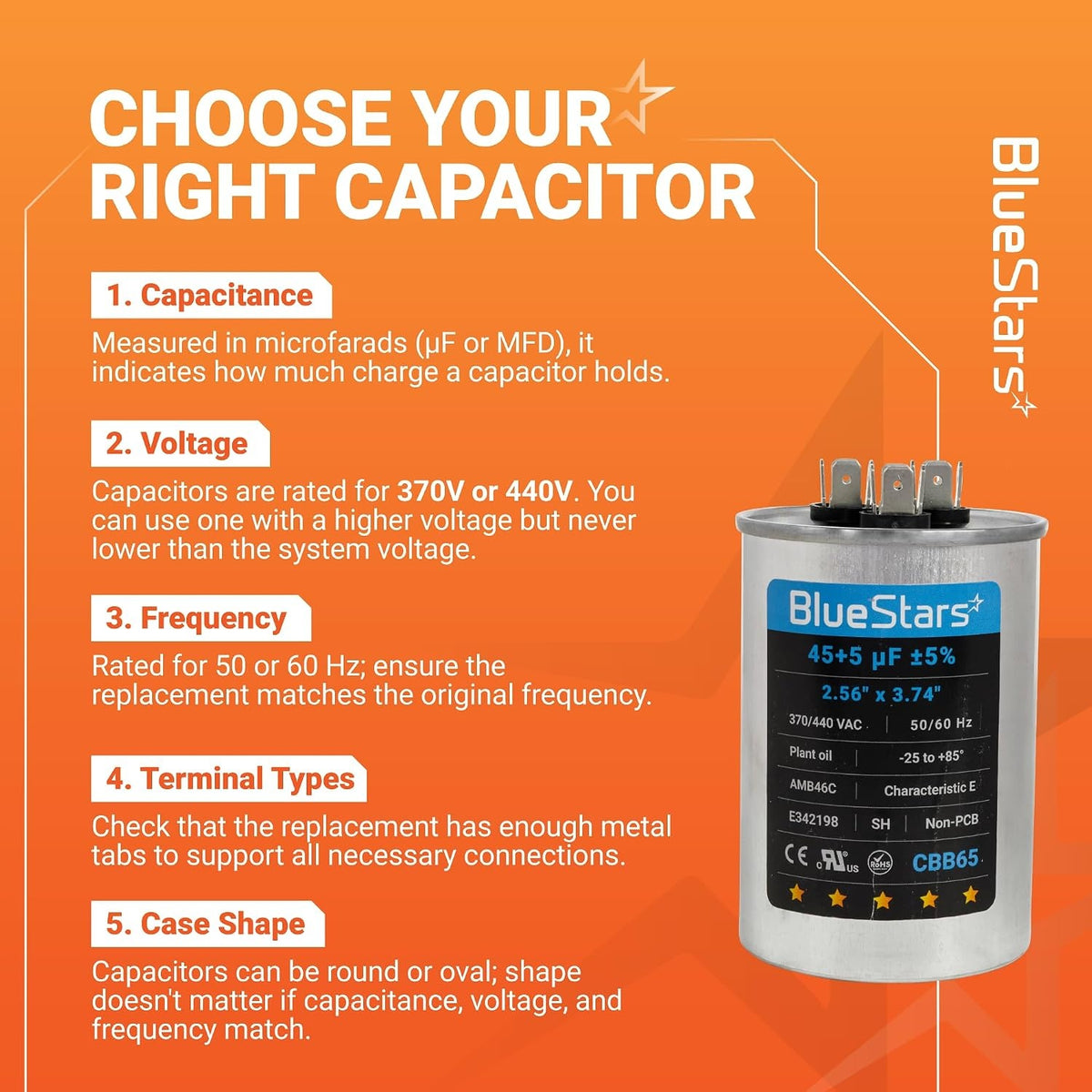 Infographic guide for selecting a 45+5 uF 370/440VAC CBB65 dual run round capacitor.
