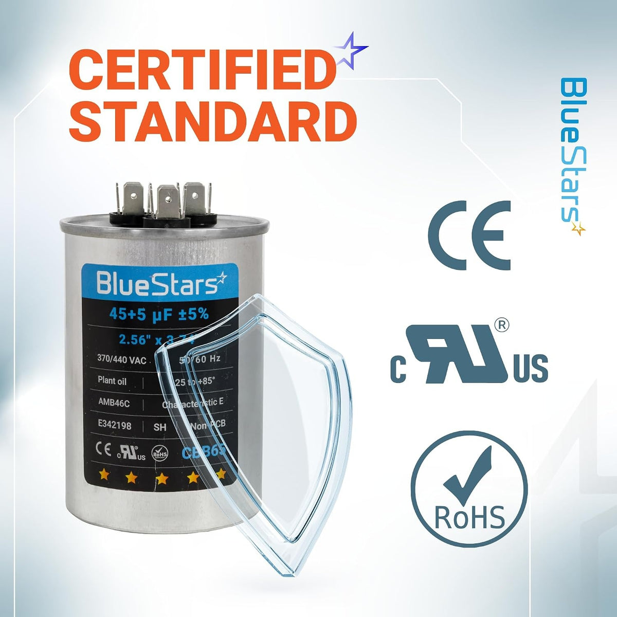 BlueStars 45+5 uF 370/440VAC CBB65 dual run round capacitor with CE, cRUus, and RoHS certification labels.