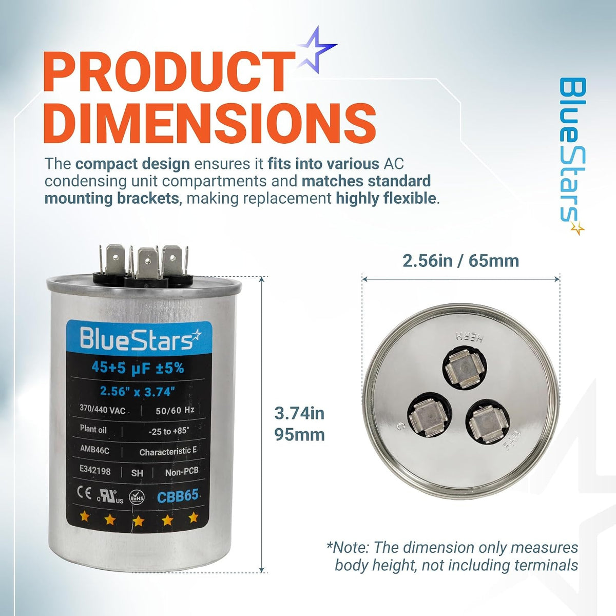 Dimensional diagram of 45+5 uF dual run round capacitor showing 2.56-inch diameter and 3.74-inch height.