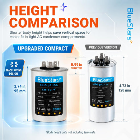 Height comparison chart showing the compact 3.74-inch 45+5 uF dual run capacitor versus the previous 4.73-inch version.