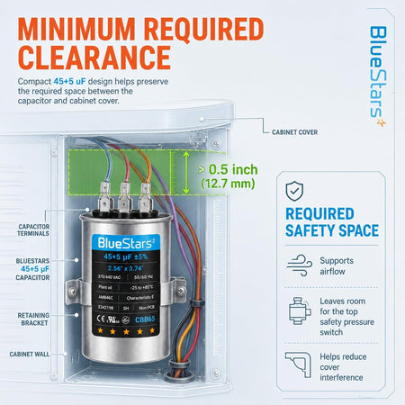 Diagram showing minimum required clearance for 45+5 uF dual run round capacitor installation in HVAC cabinet.
