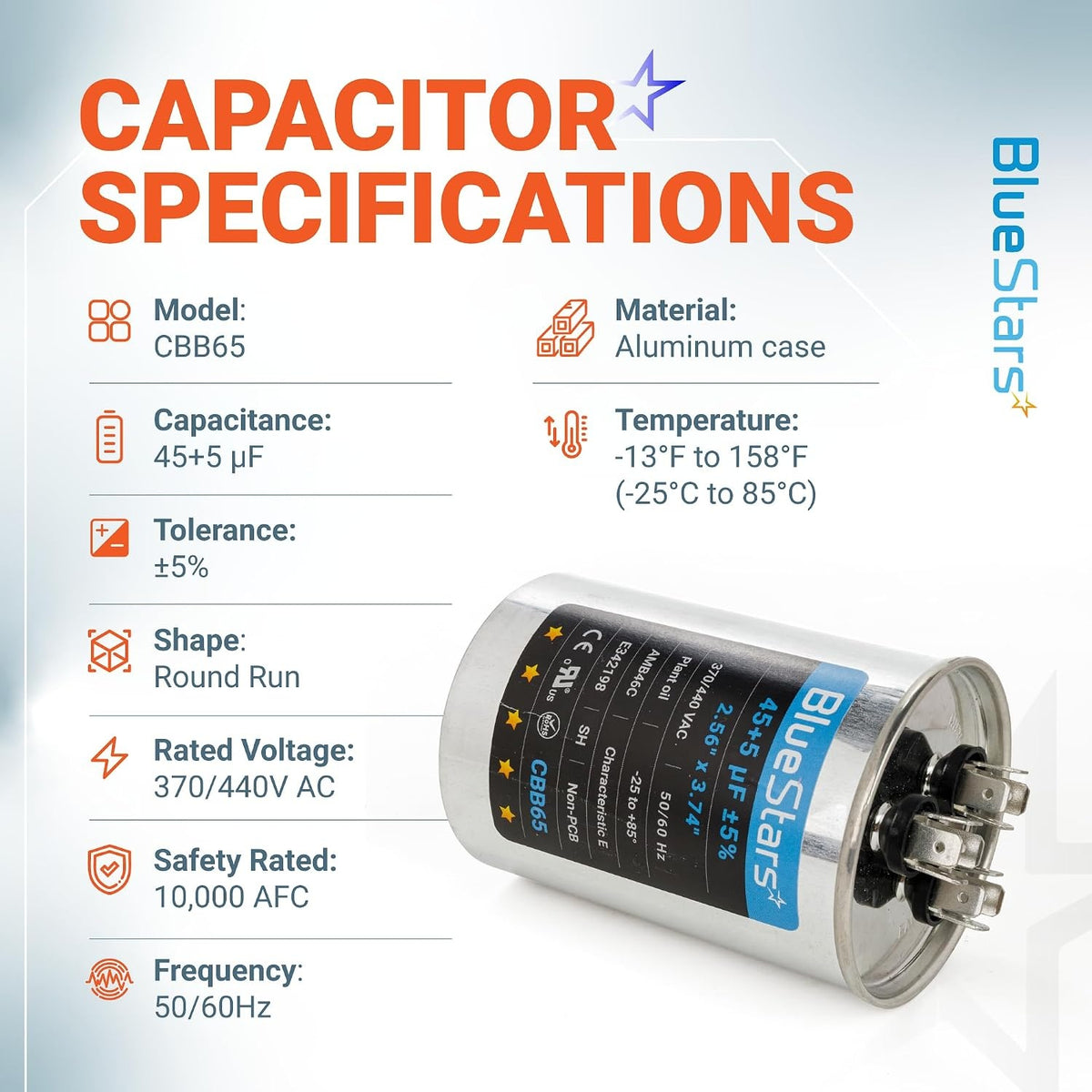 Infographic showing technical specifications for a 45+5 uF 370/440VAC CBB65 dual run round capacitor.