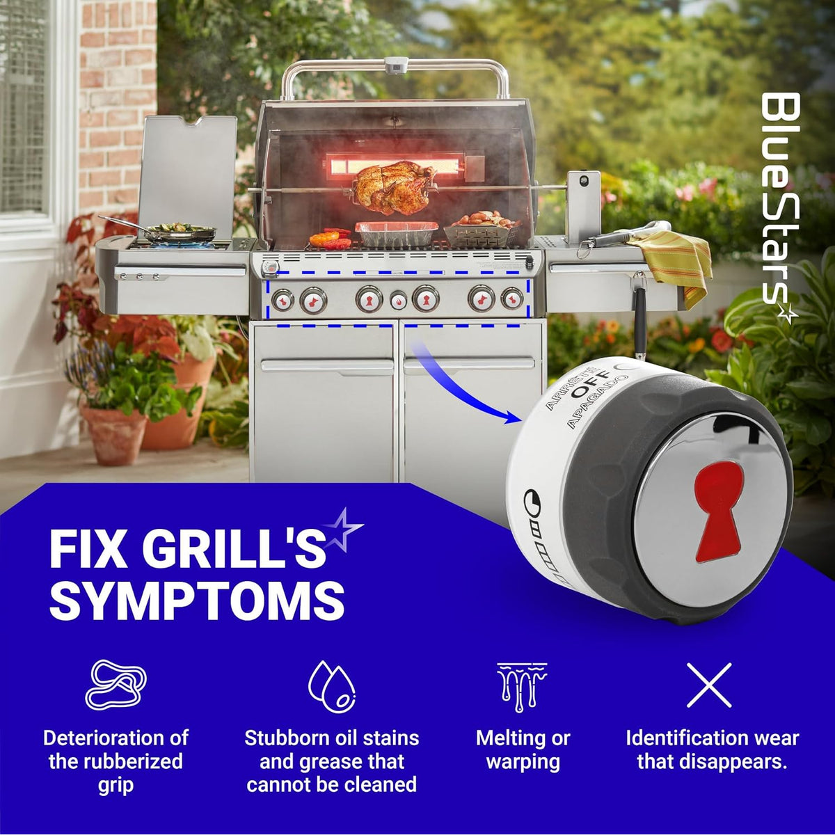 91538 Lighted Control Knobs Assembly 4-pack graphic showing a grill, enlarged knob, and listed replacement symptoms