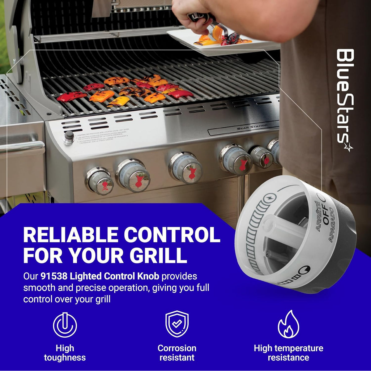91538 Lighted Control Knobs Assembly, 4-pack for Weber, promotional graphic showing grill controls and a close-up knob