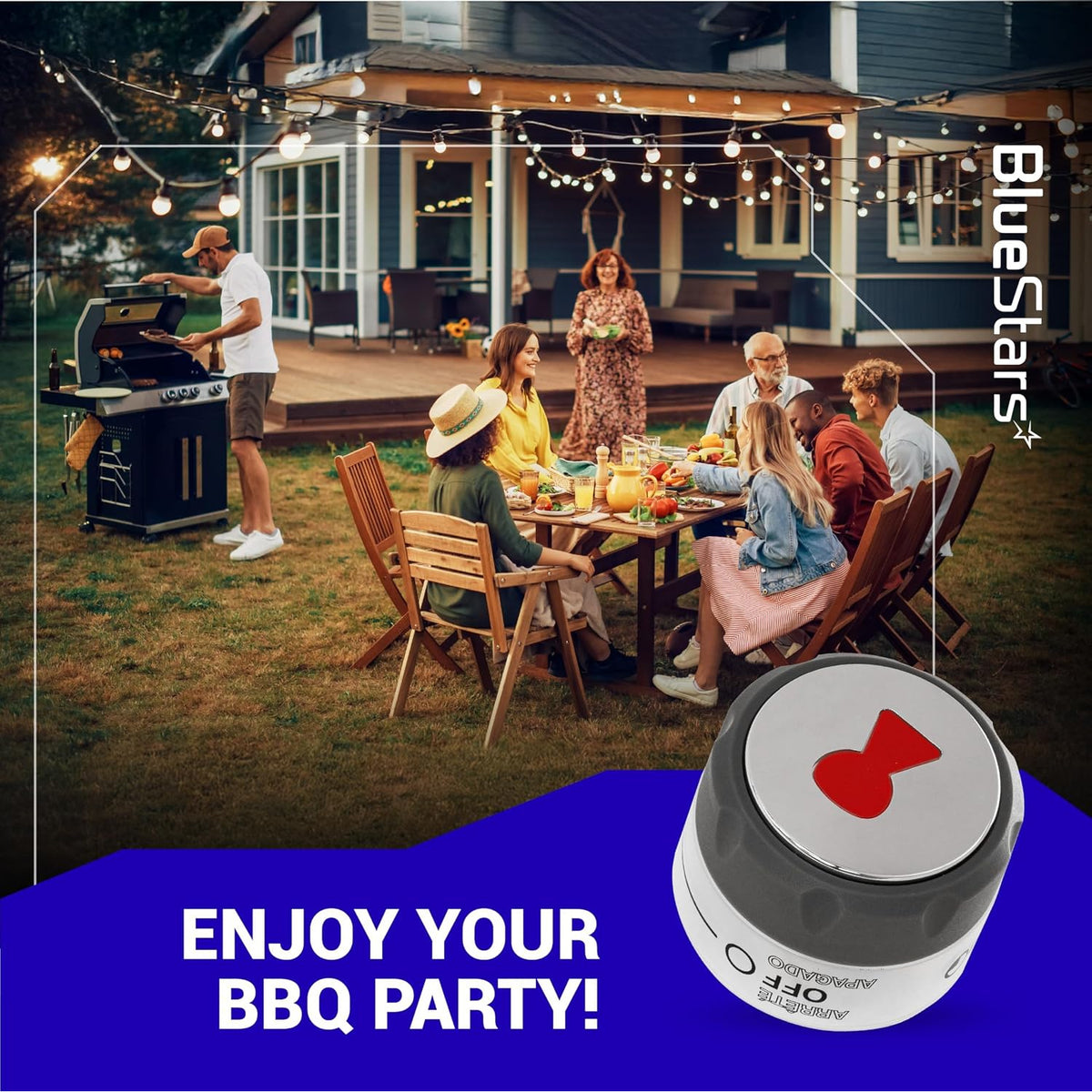 91538 Lighted Control Knobs Assembly, promotional BBQ party scene with a close-up knob shown at lower right