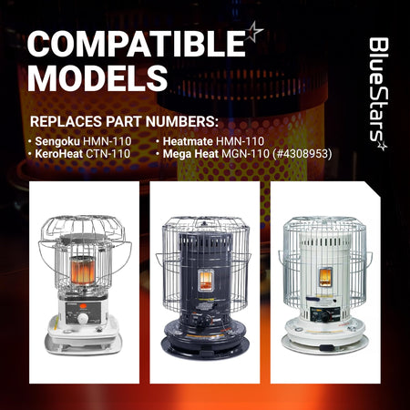 Infographic showing compatible Sengoku, KeroHeat, Heatmate, and Mega Heat portable kerosene heater models.