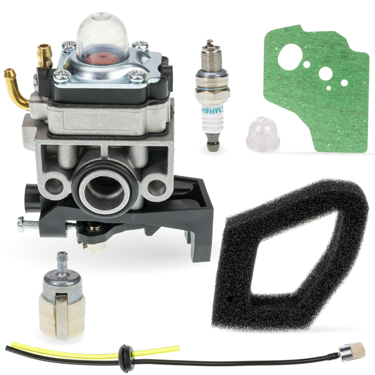 GX35 carburetor replacement kit with spark plug, air filter, fuel line, and gasket for Honda string trimmers.