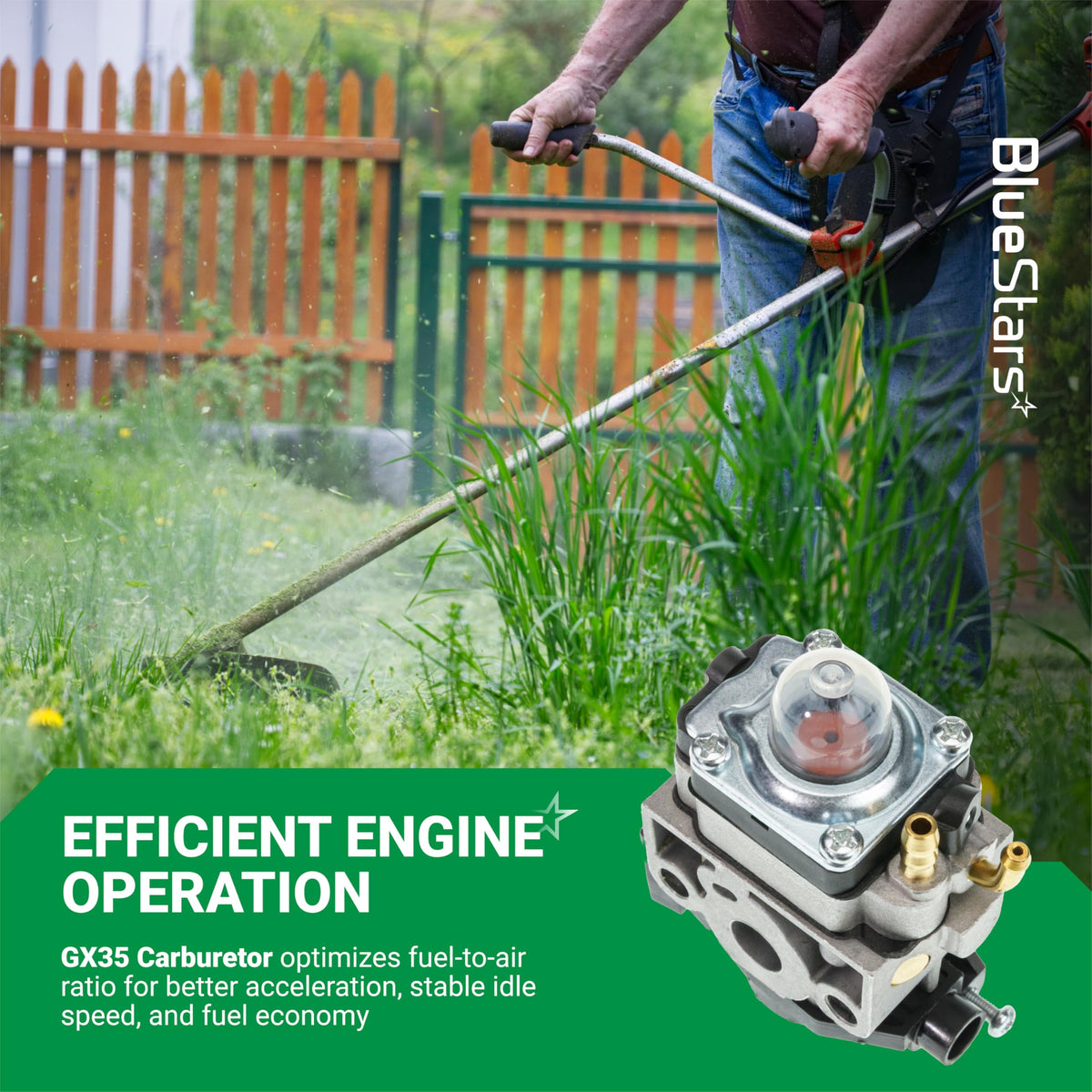 GX35 replacement carburetor for Honda string trimmers shown with a person using a brushcutter in a garden.