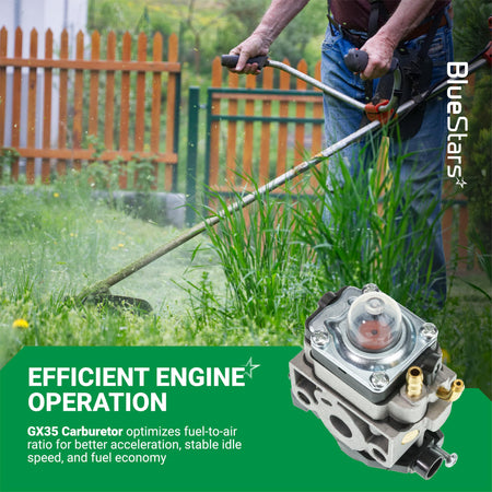 GX35 replacement carburetor for Honda string trimmers shown with a person using a brushcutter in a garden.