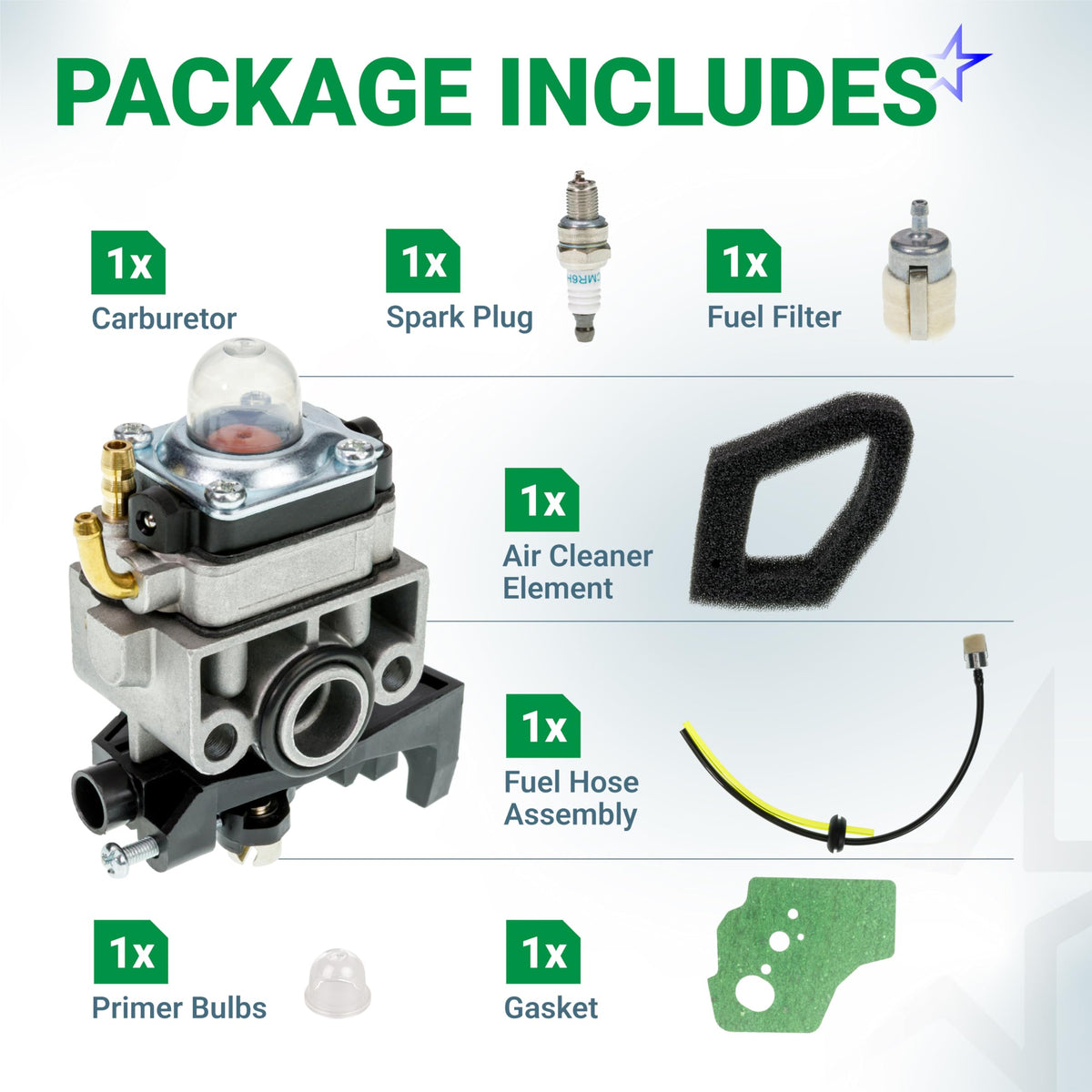 GX35 carburetor replacement kit including spark plug, fuel filter, air cleaner, fuel hose, primer bulb, and gasket.