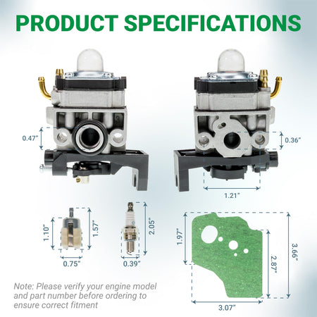 GX35 carburetor replacement kit with dimensional specifications, fuel filter, spark plug, and mounting gasket.