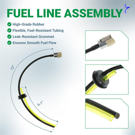 Fuel line assembly with filter and grommet for Honda GX35 and GX25 series string trimmers and brushcutters.
