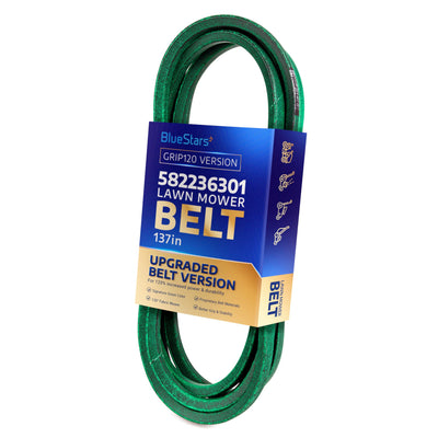 582236301 green lawn mower deck belt in BlueStars retail packaging.