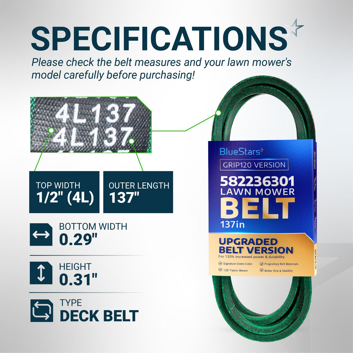 BlueStars 582236301 lawn mower deck belt specifications chart showing 1/2 inch width and 137 inch outer length.