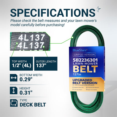 BlueStars 582236301 lawn mower deck belt specifications chart showing 1/2 inch width and 137 inch outer length.