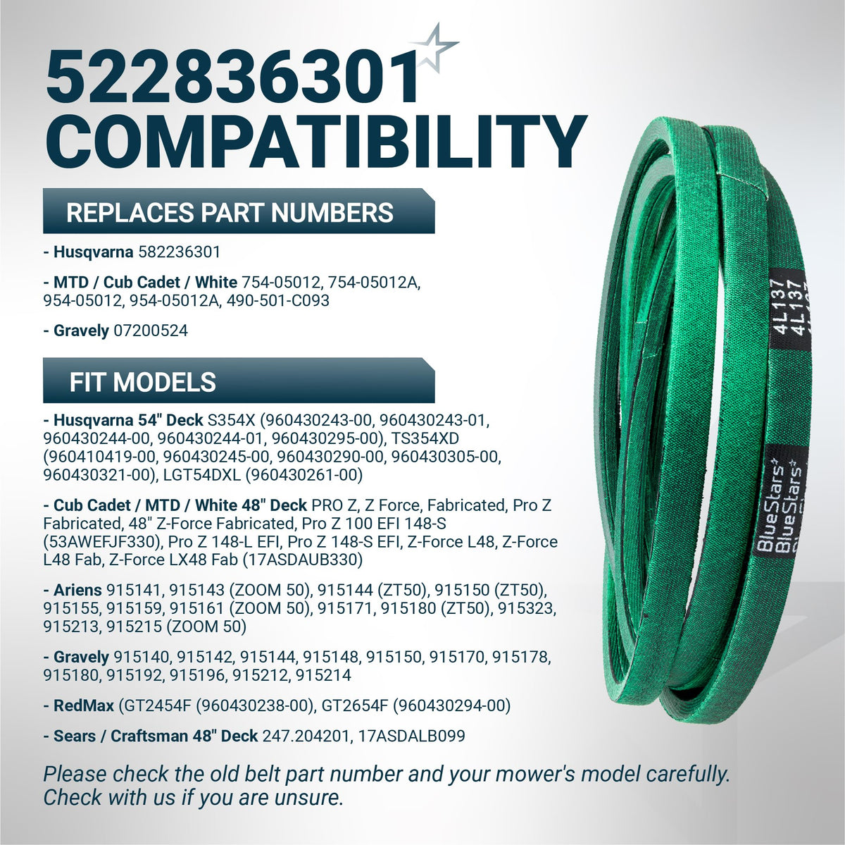 Green replacement mower deck belt for Husqvarna, Cub Cadet, and MTD, showing compatibility list and part numbers.