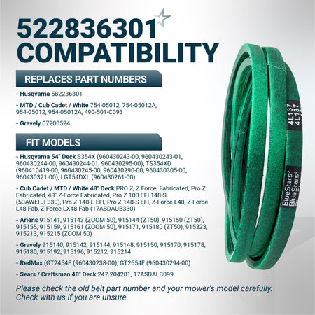 Green replacement mower deck belt for Husqvarna, Cub Cadet, and MTD, showing compatibility list and part numbers.