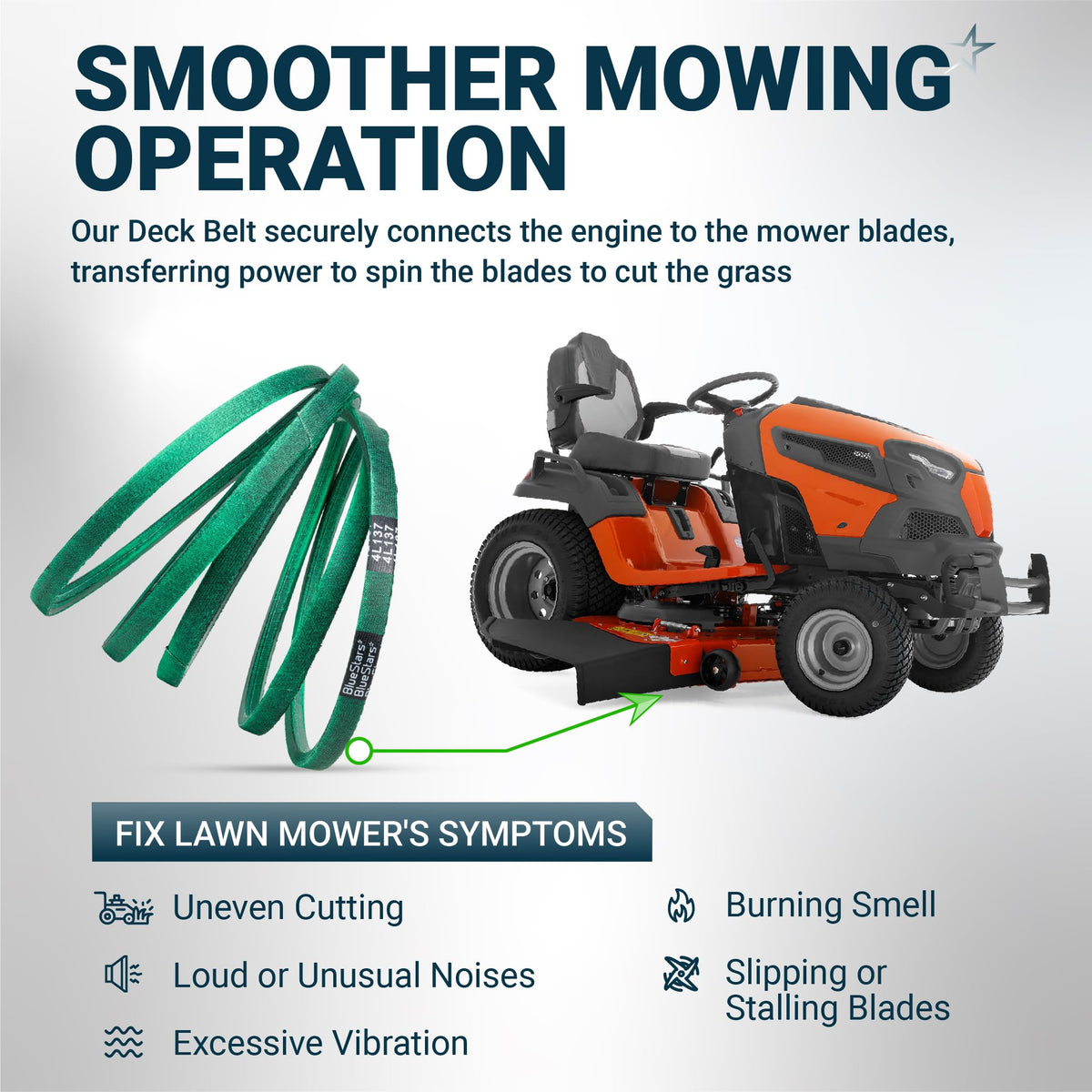 Green lawn mower deck belt shown with a riding mower to illustrate power transfer and common repair symptoms.