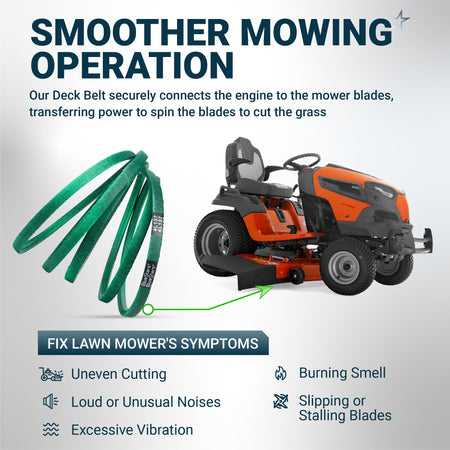 Green lawn mower deck belt shown with a riding mower to illustrate power transfer and common repair symptoms.