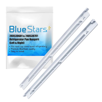 Left and right refrigerator pan hanger drawer slide rails in BlueStars packaging for Kenmore and Frigidaire.