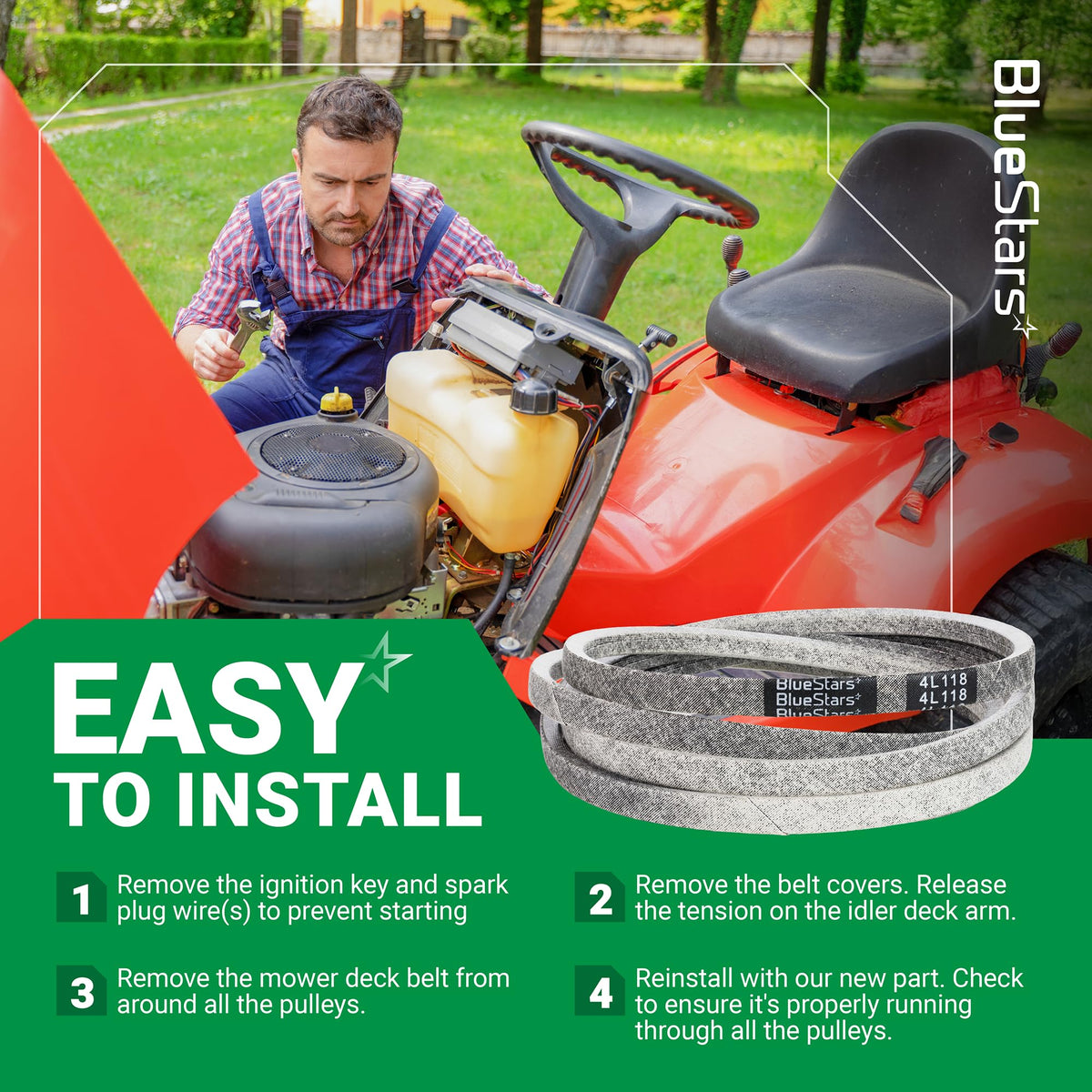 Instructional graphic showing 754-04033 deck belt installation steps on a Cub Cadet lawn mower.