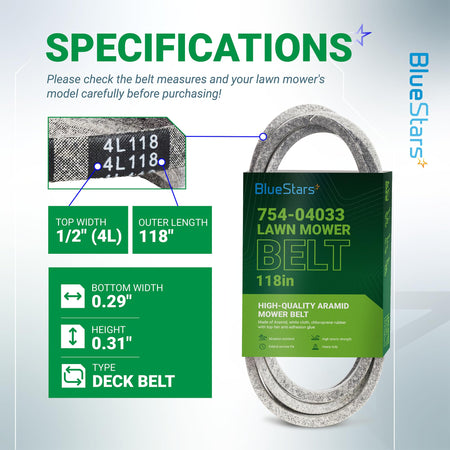 754-04033 lawn mower deck belt specifications chart showing 1/2 inch by 118 inch dimensions and product features.
