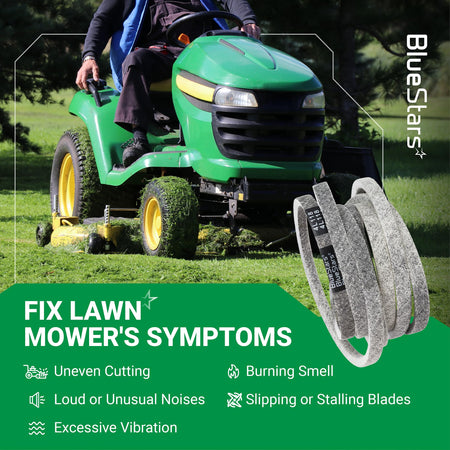 754-04033 replacement deck belt for lawn mowers shown with troubleshooting symptoms for mower maintenance.