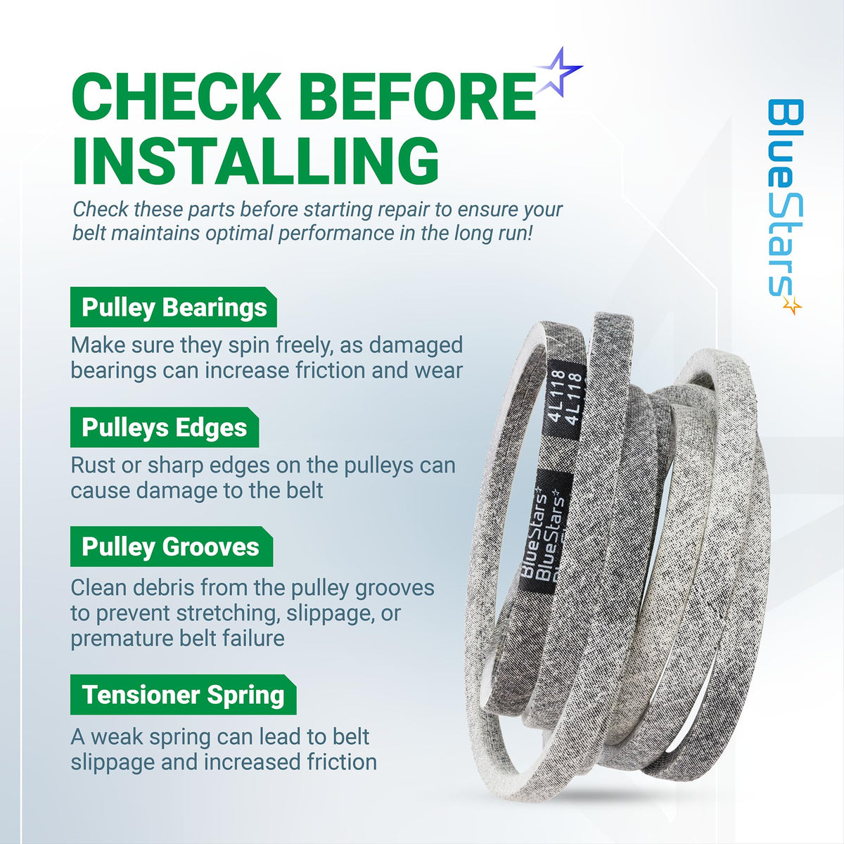 Informational graphic for 754-04033 deck belt installation tips and mower maintenance checklist.