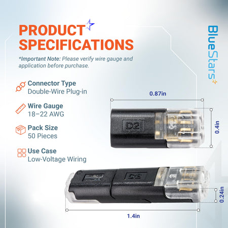 Technical specification diagram for D2 double-wire plug-in connector showing dimensions and 18-22 AWG wire compatibility.