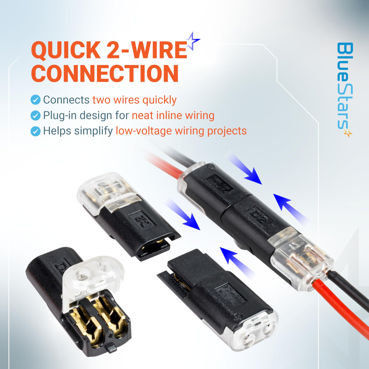 Infographic showing 2-wire quick connectors for low-voltage inline wiring projects.