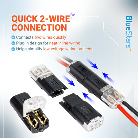 Infographic showing 2-wire quick connectors for low-voltage inline wiring projects.