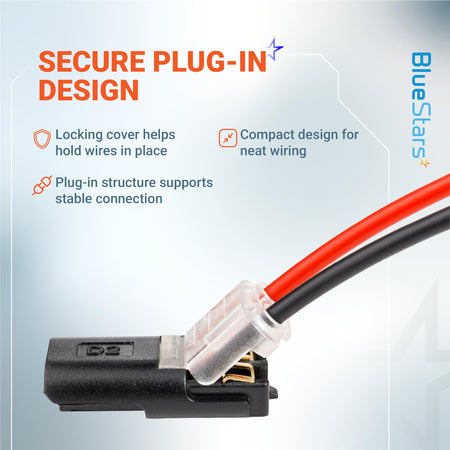 Close-up of a secure plug-in wire connector with a locking cover for stable electrical connections.