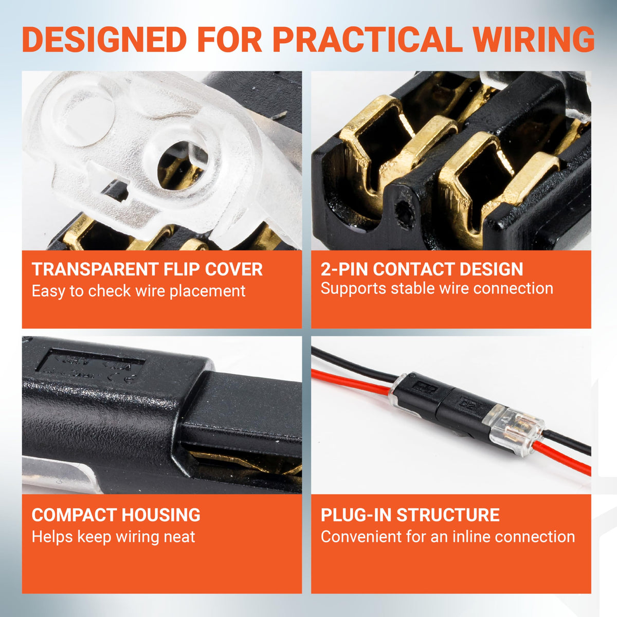 Four-panel infographic showing 2-pin wire connector features: transparent flip cover, contact design, and plug-in housing.