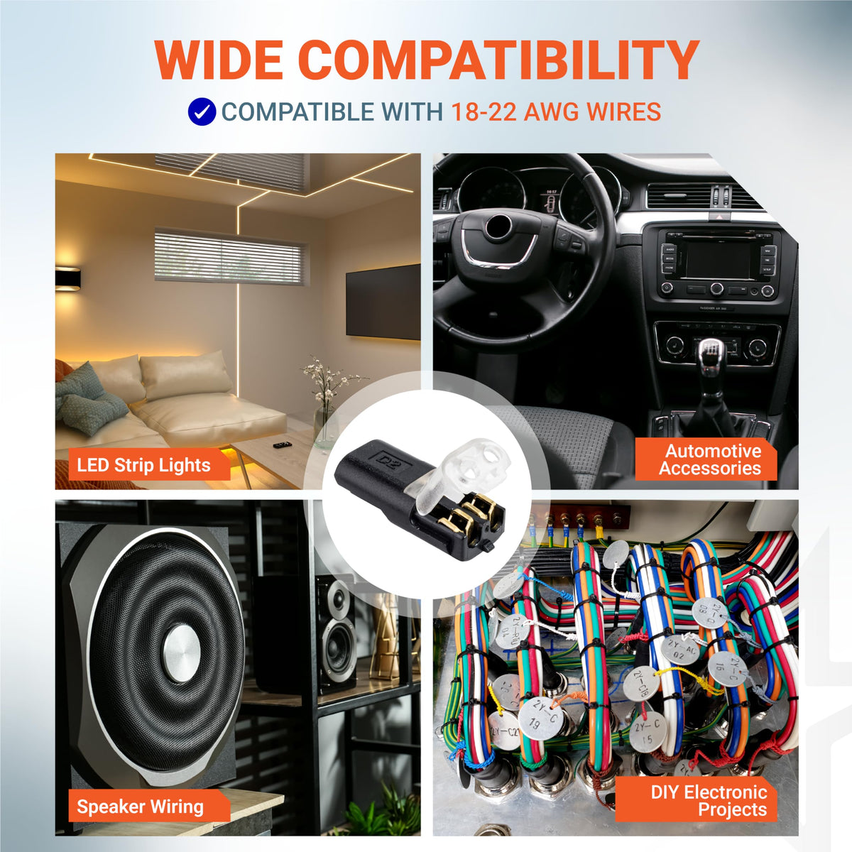 Wire connector compatible with 18-22 AWG wires shown in various applications including LED lights and automotive wiring.