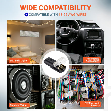 Wire connector compatible with 18-22 AWG wires shown in various applications including LED lights and automotive wiring.