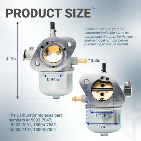 15003-7061 Carburetor with product size diagram showing two views and labeled dimensions