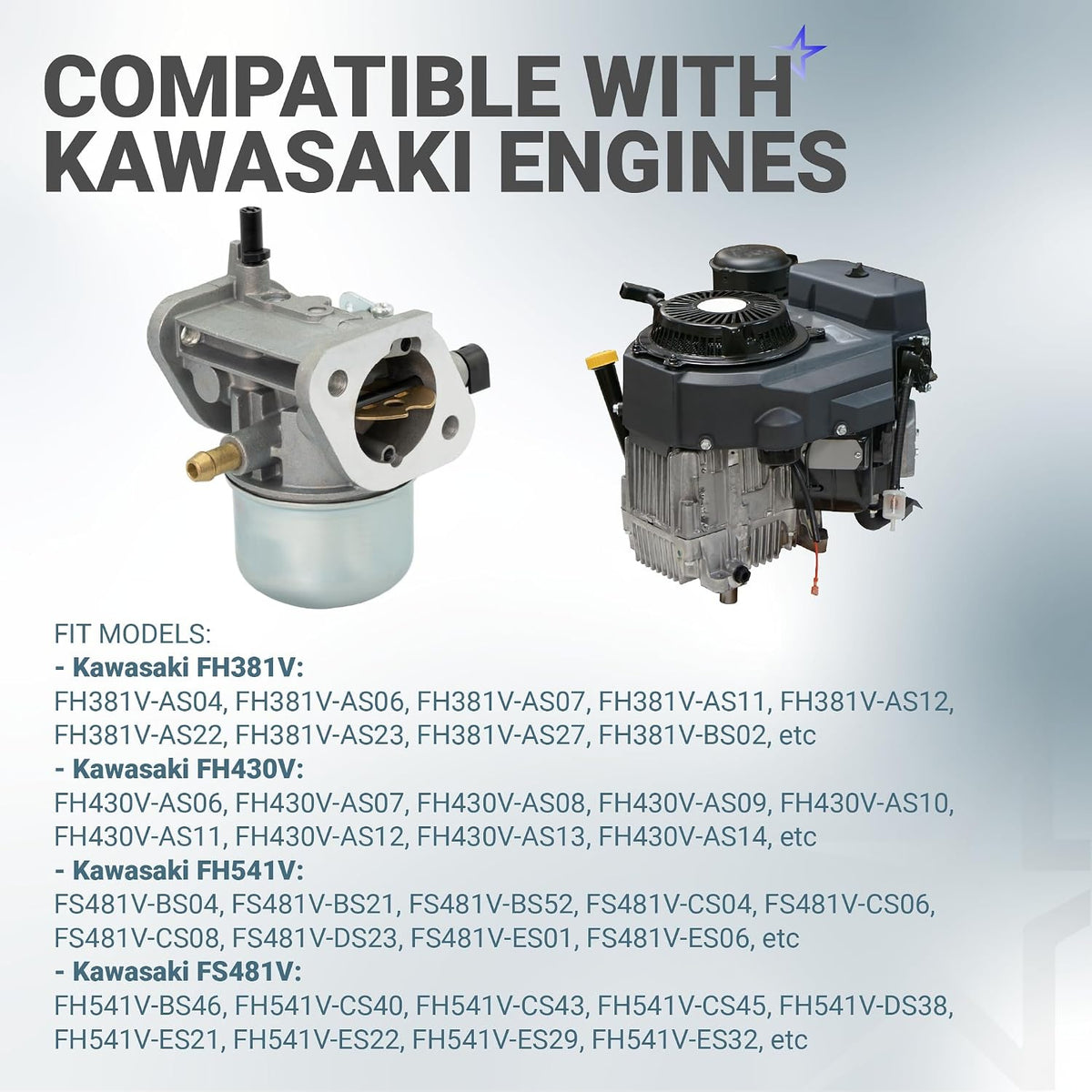 15003-7061 Carburetor shown beside a Kawasaki engine with compatible FH381V, FH430V, FH541V and FS481V models listed