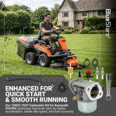 15003-7061 Carburetor promotional graphic showing the carburetor kit and parts beside a riding mower