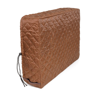 Brown quilted indoor window air conditioner cover with drawstring closure.