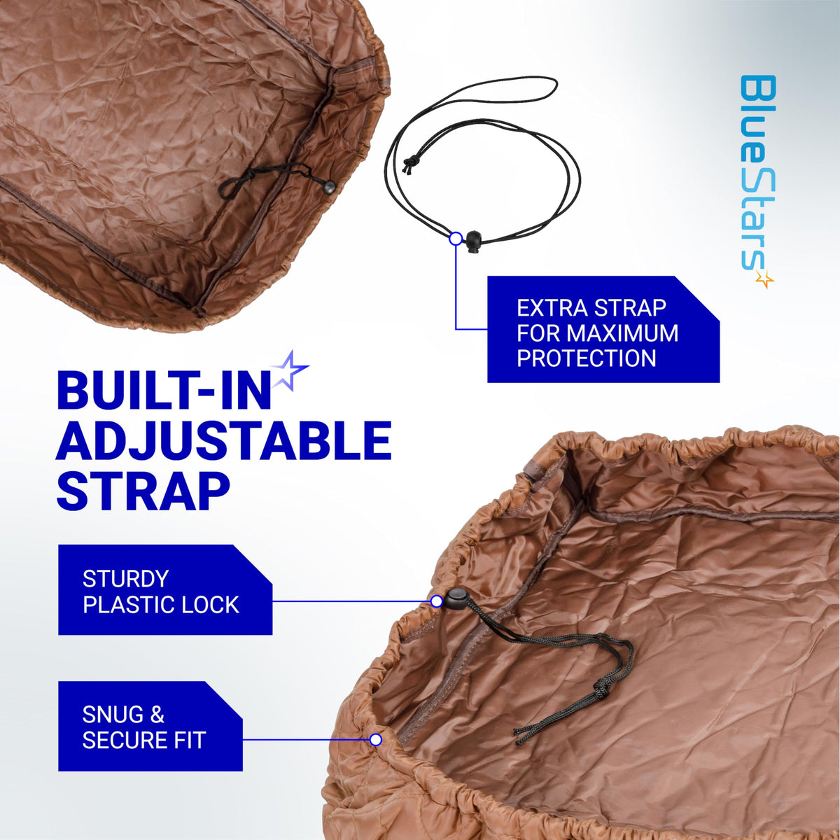 Brown indoor window AC cover showing adjustable strap, plastic lock, and extra strap for a secure fit.