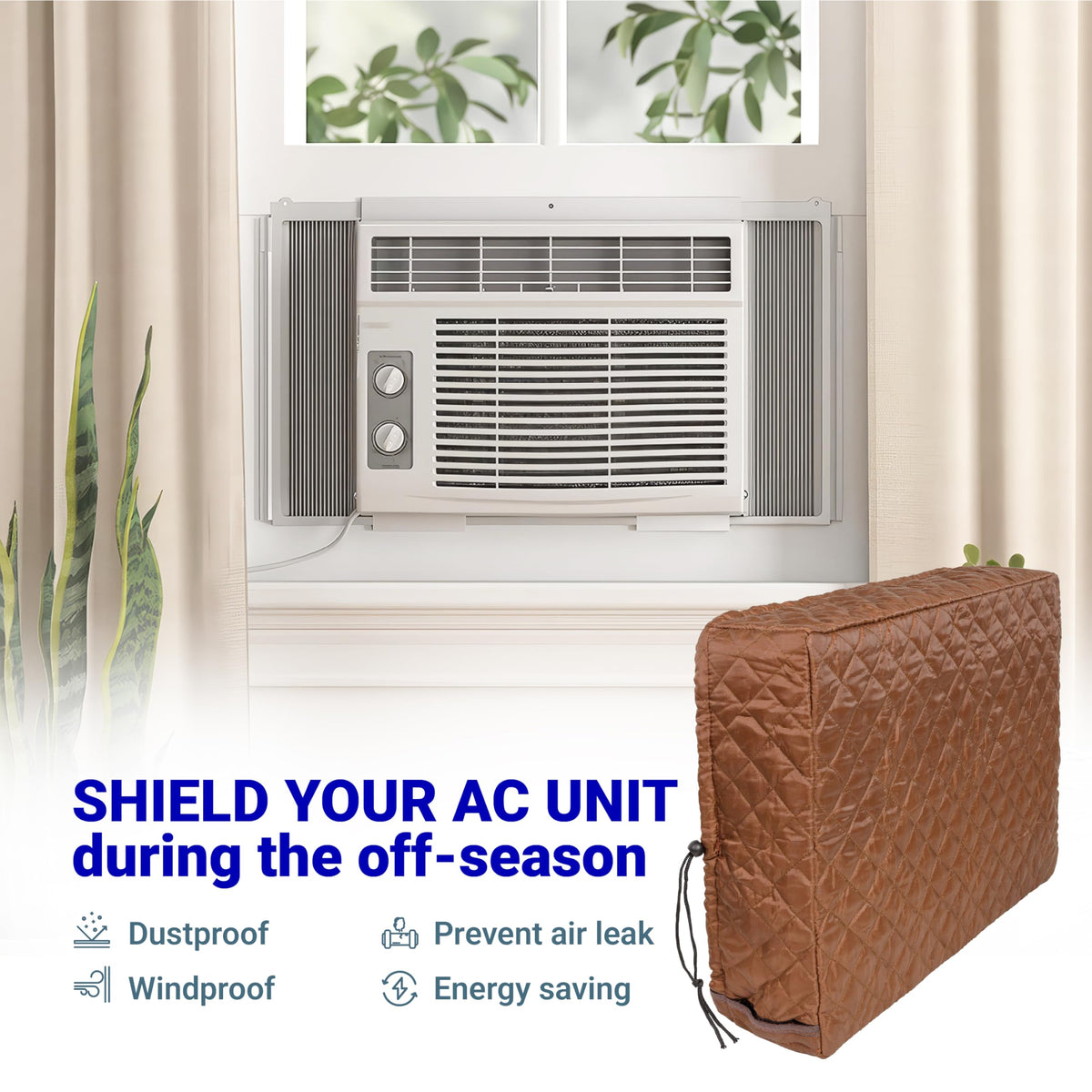 Brown quilted indoor window air conditioner cover for winter insulation shown next to an installed AC unit.