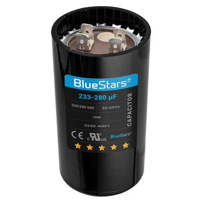 233-280 uF 220-250 VAC round motor start capacitor with terminal connectors and BlueStars label.