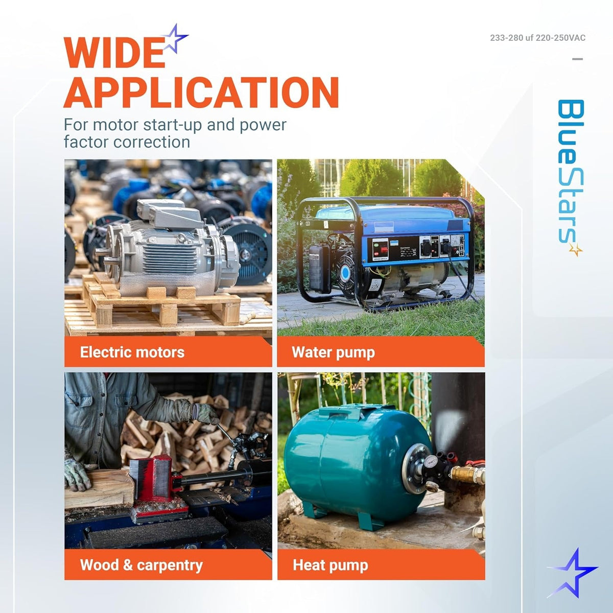 Infographic showing wide application of 233-280 uF motor start capacitor for electric motors, pumps, and heat pumps.