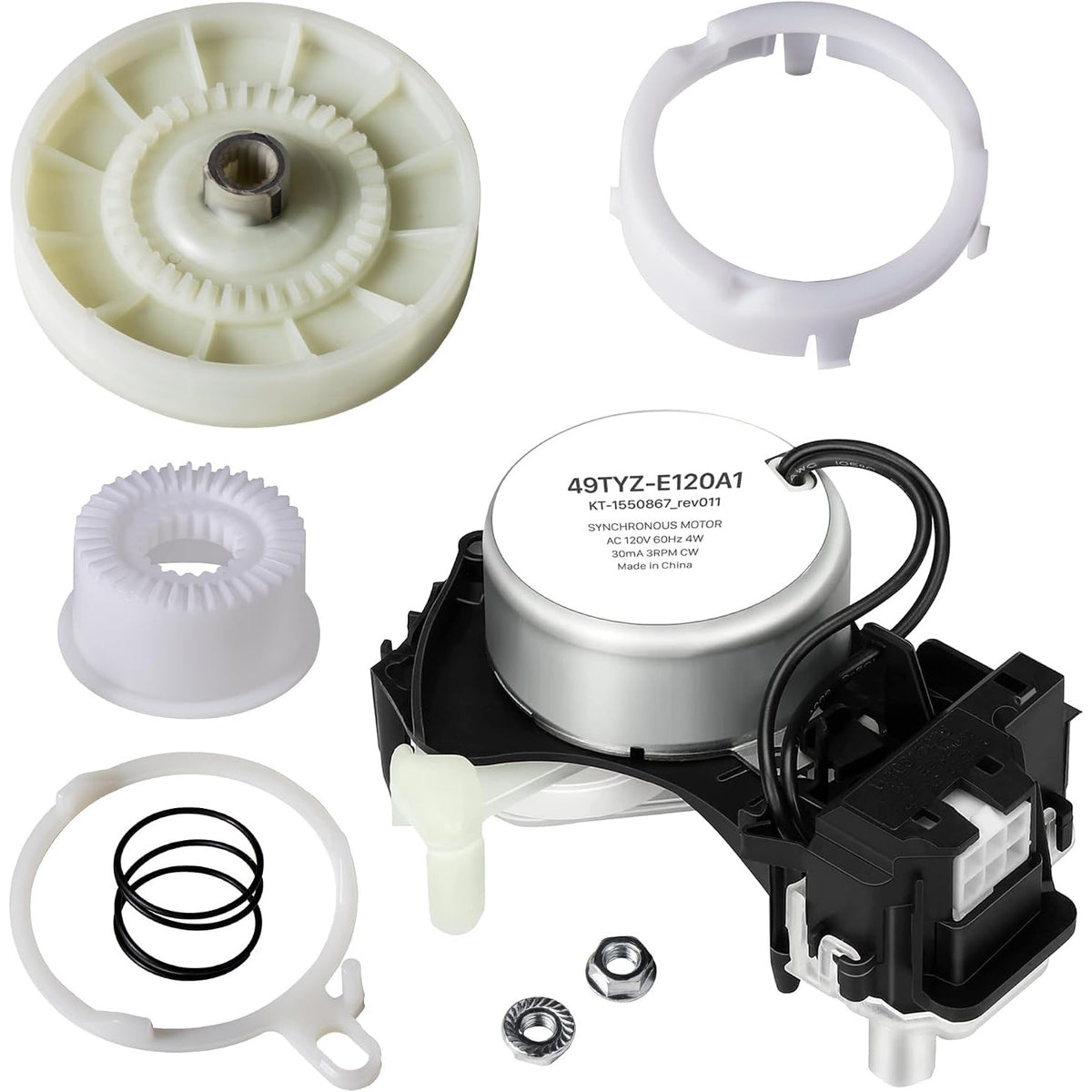 W10913953 Washer Shift Actuator & W10721967 Clutch Kit, actuator, clutch, gears, ring, spring and hardware shown
