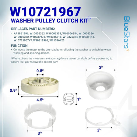 W10721967 Washer Pulley Clutch Kit dimensions diagram showing pulley, cup, ring, and spring