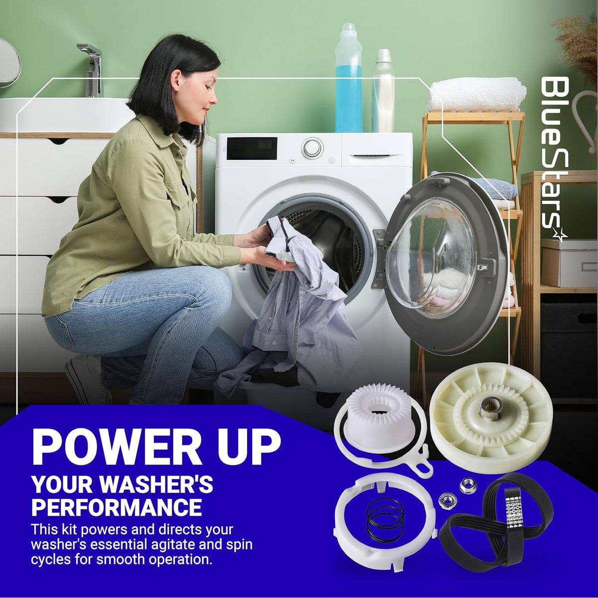 W10913953 Washer Shift Actuator & W10721967 Clutch Kit promotional graphic with washer and kit components