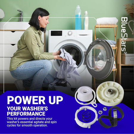 W10913953 Washer Shift Actuator & W10721967 Clutch Kit promotional graphic with washer and kit components