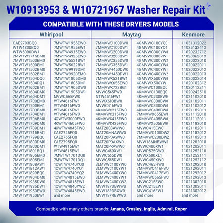 W10913953 Washer Shift Actuator & W10721967 Clutch Kit compatibility chart for Whirlpool, Maytag and Kenmore models