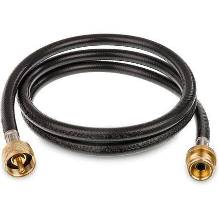 5-foot black propane extension hose with 1x20 male and female brass fittings for propane appliances.