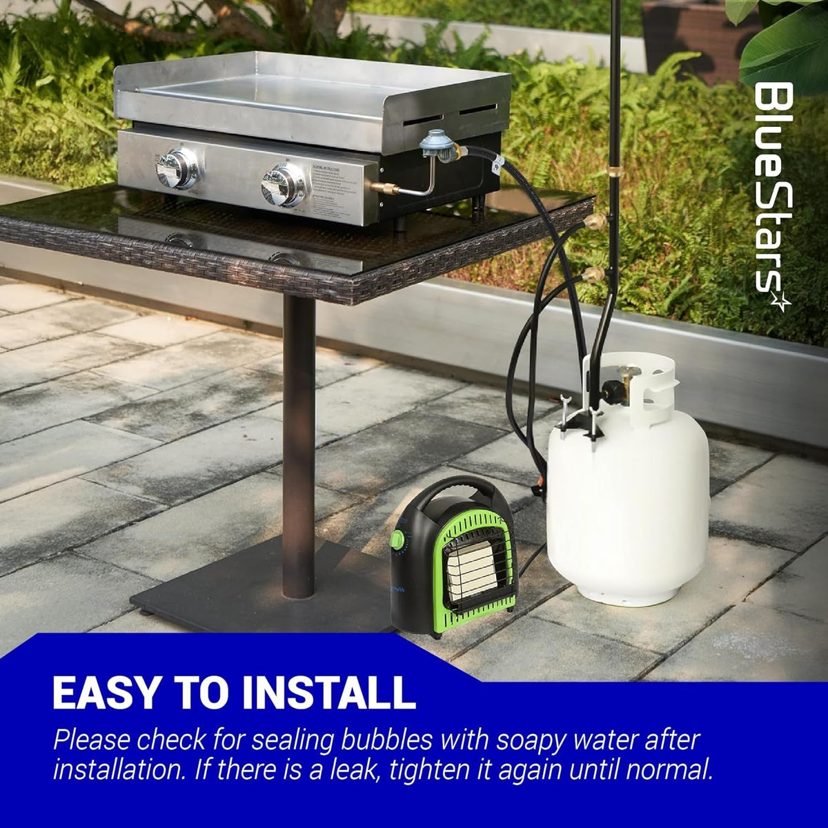 5-foot propane extension hose connecting a propane tree post to a tabletop griddle and portable heater.